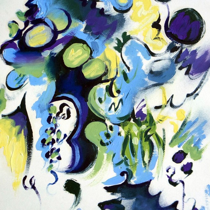 Abstract garden of swirling blues, greens and yellows