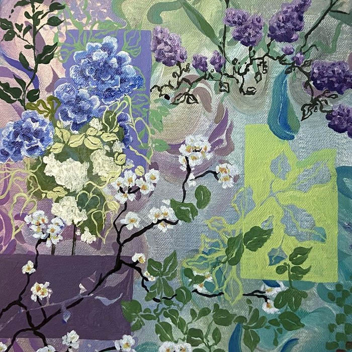 Layered patchwork of lilac, hydrangea and white blossom over blocks of purple, green and teal