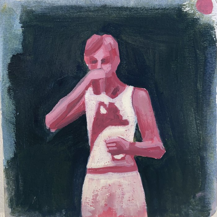 Small painting of a figure in pinks and whites against a dark green background