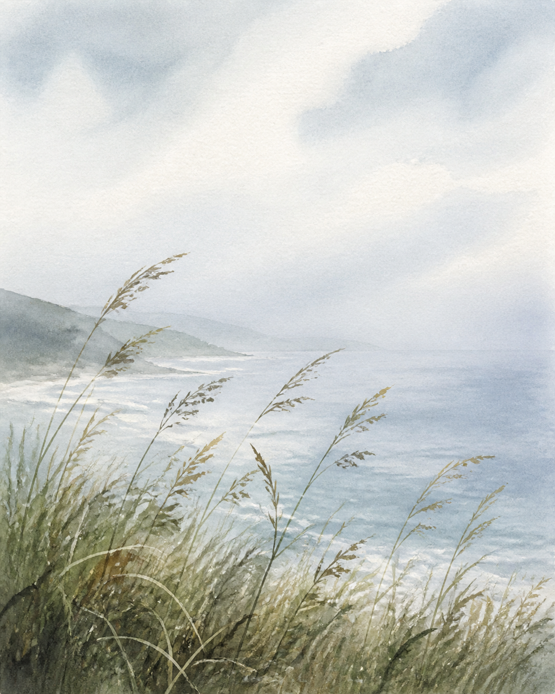 Watercolour of coastal grasses by a misty sea