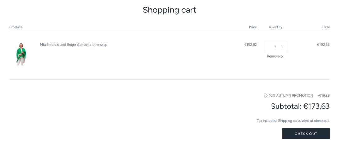 The old shopping cart: one wrap, a 10% promotion, the subtotal and a Check out button