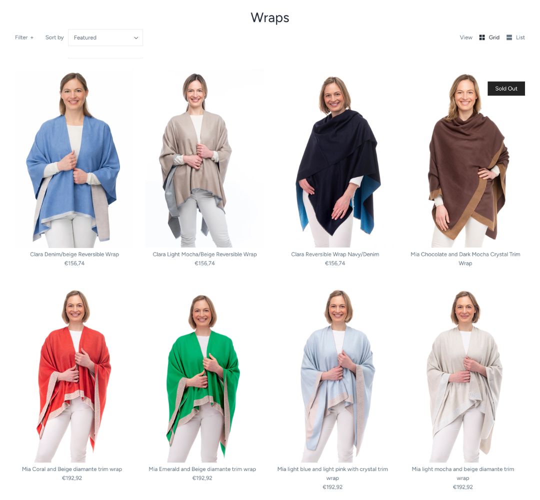 The old Wraps category page: eight wraps on a model in no particular order, with a Sold Out label on the fourth