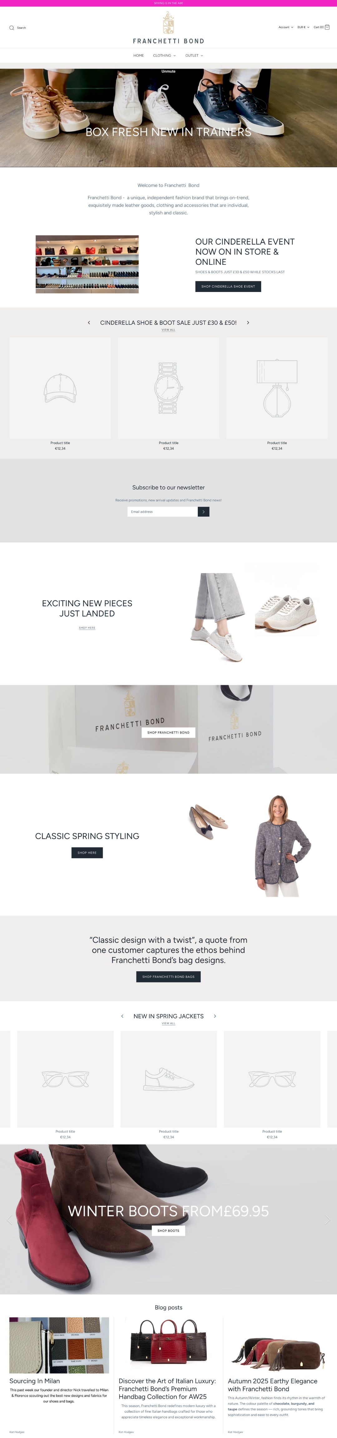 The old homepage: a pink promo bar, a trainers video, a Cinderella sale, product carousels still showing placeholder products, spring styling, winter boots and blog posts