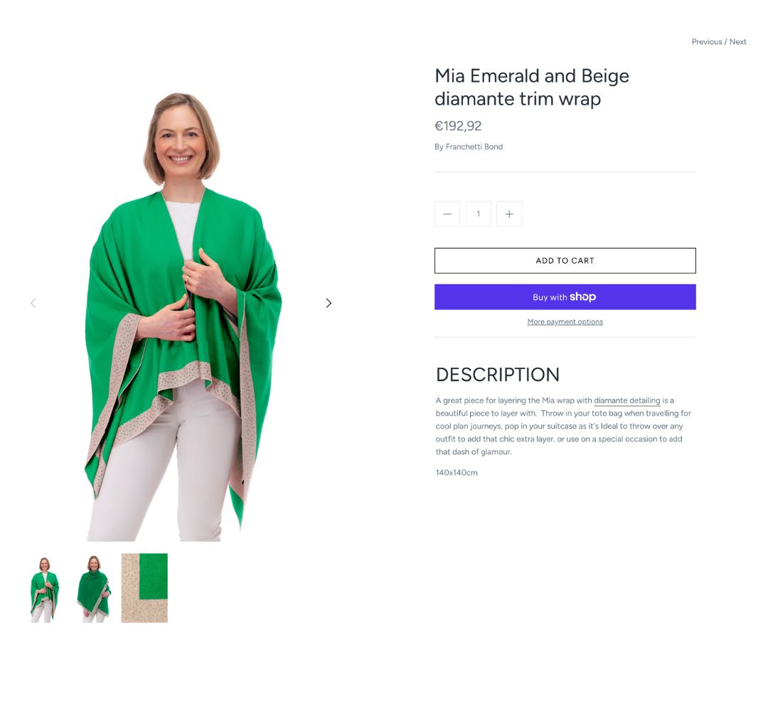 The old product page: a studio photo of the wrap, an outlined Add to cart button under a bright purple Buy with Shop button, and one paragraph of description