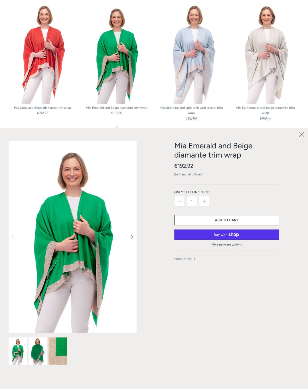 The old quick view: clicking a wrap opened a grey panel inside the grid with the price, stock warning, Add to cart and a purple Buy with Shop button