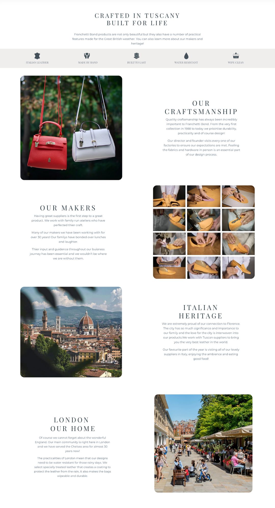 The Craftsmanship page: five icons for the product's qualities, then alternating photos and text about craftsmanship, the makers, Italian heritage and London