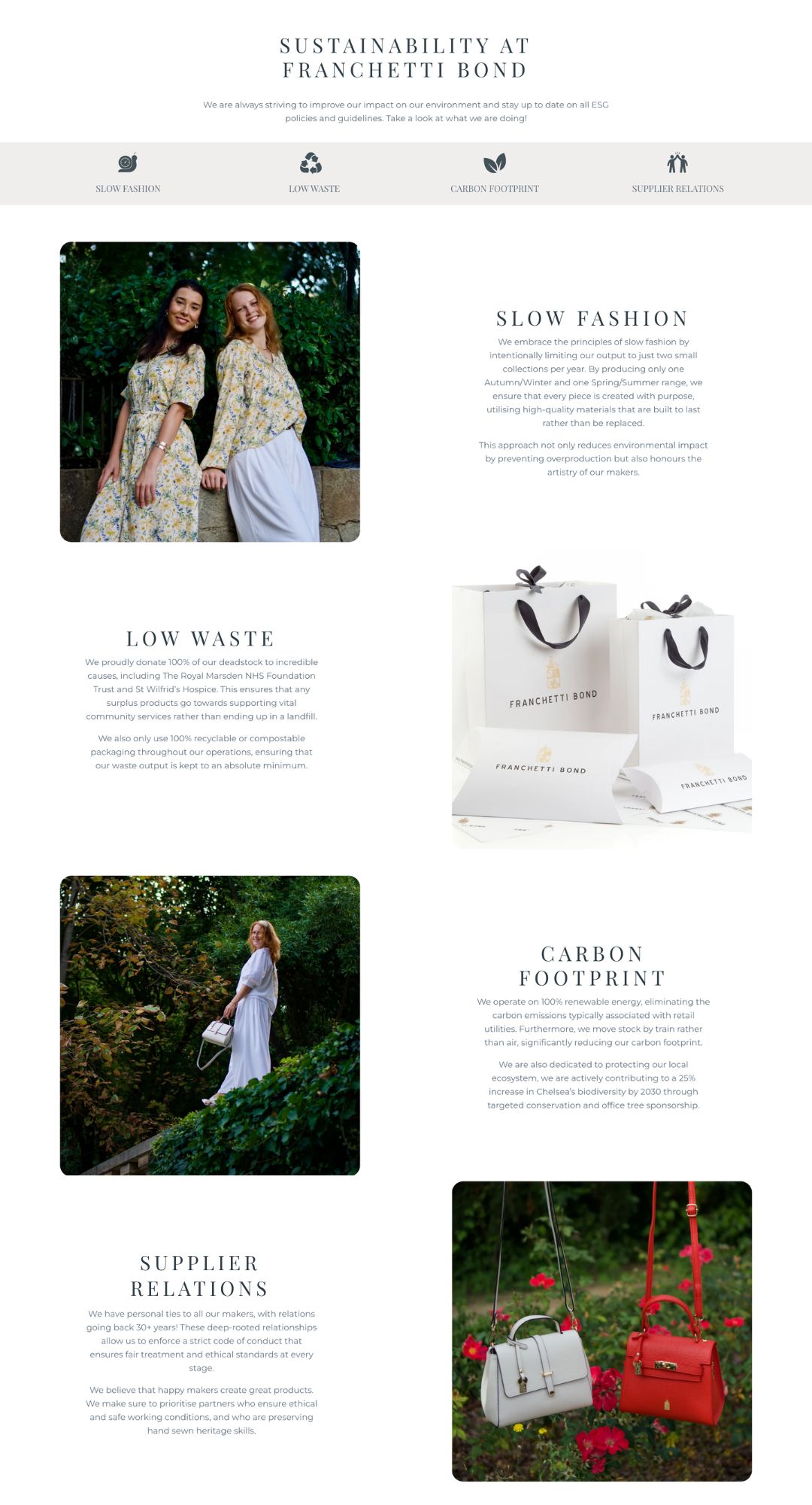 The Sustainability page: four icons, then sections on slow fashion, low waste, carbon footprint and supplier relations, each with a photo