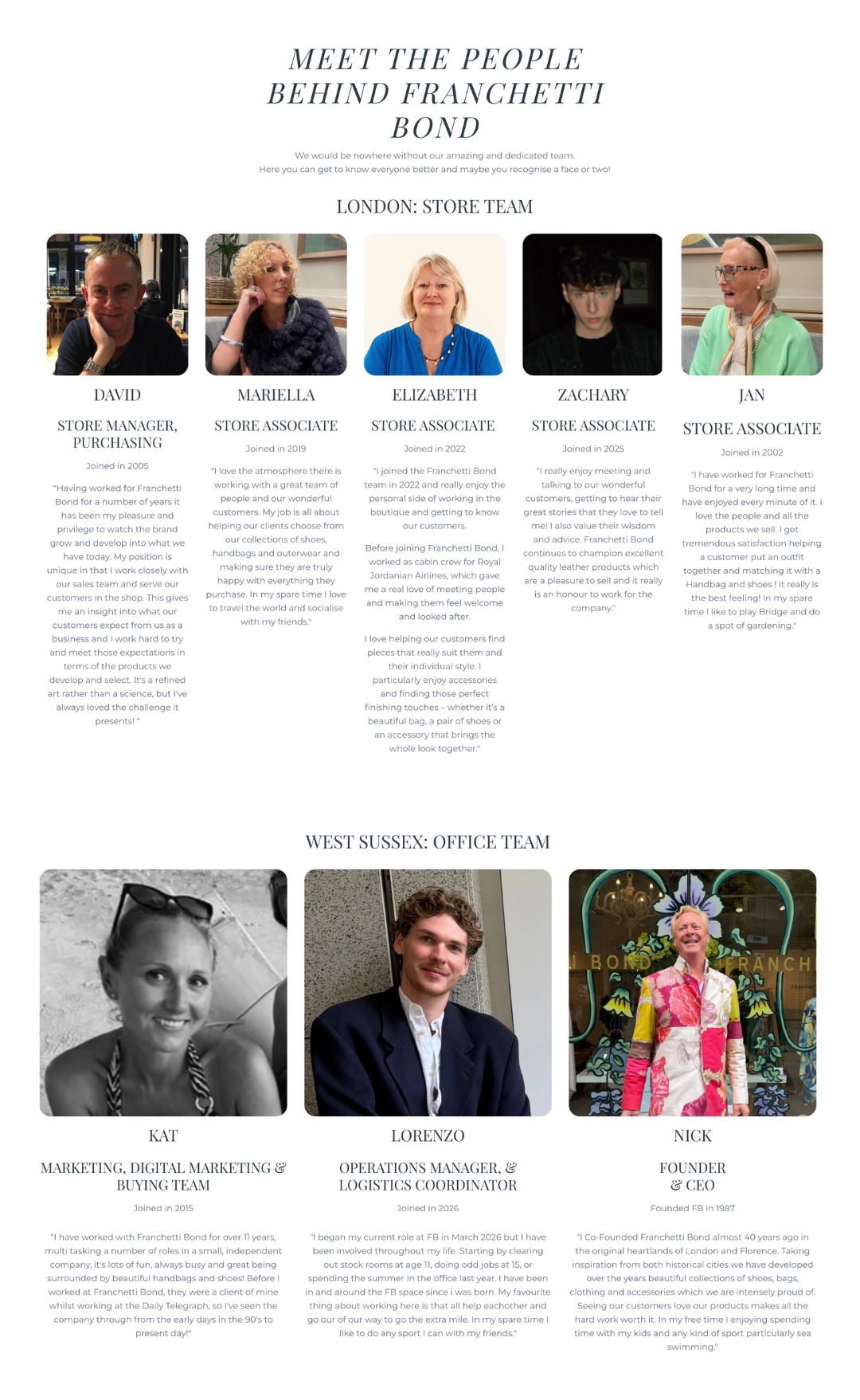 The Meet the Team page: photos of the London store team and West Sussex office team, each with their role, start year and a quote
