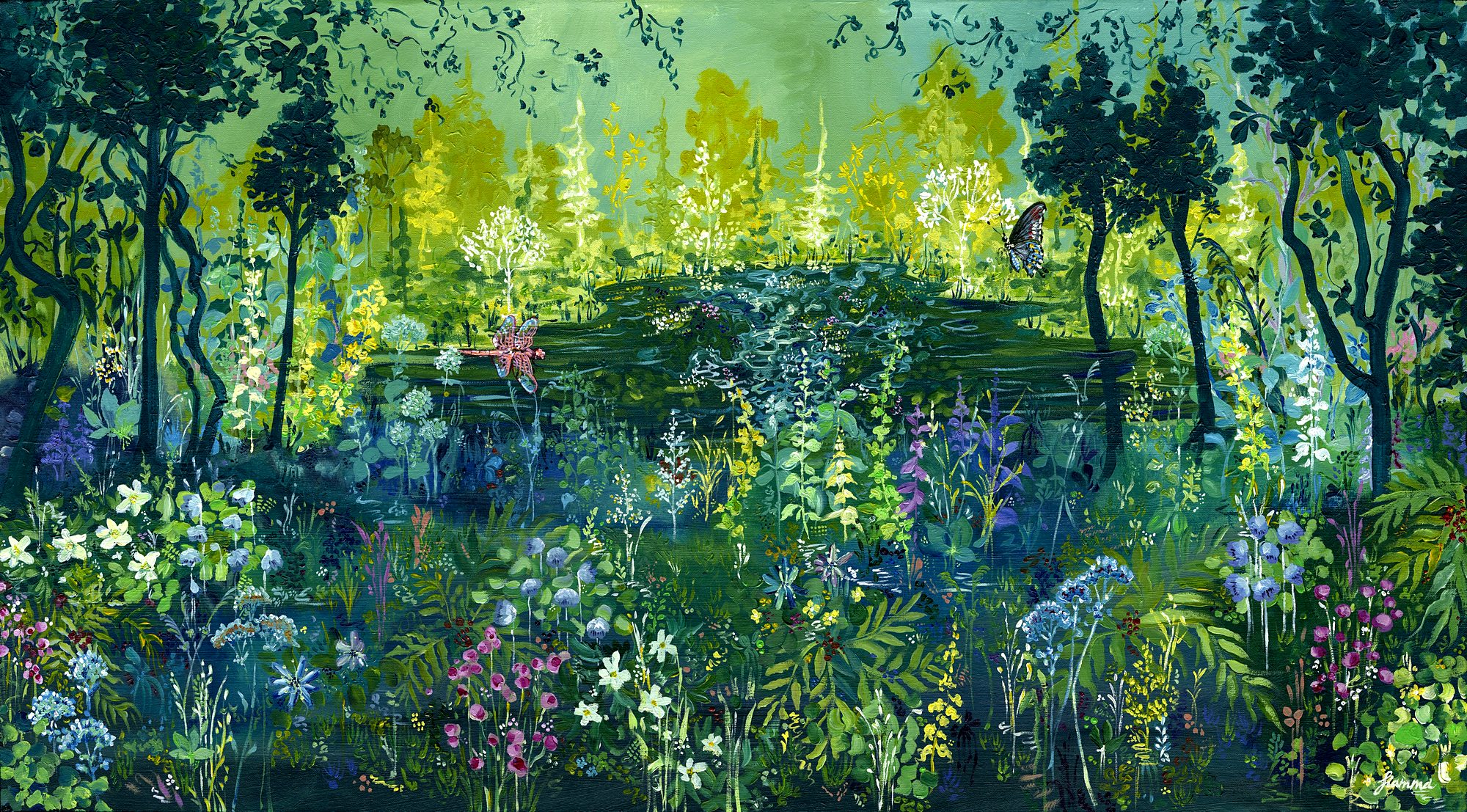 Oil painting of a woodland clearing with a still pond, wildflowers and a dragonfly
