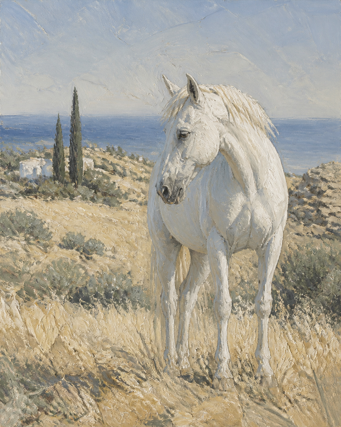 Oil painting of a white horse in a Mediterranean field