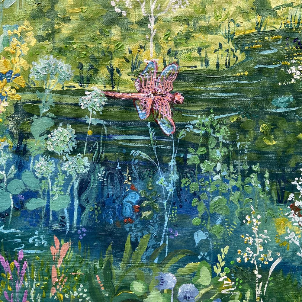 Close-up of a pink dragonfly over the pond in The Forest of Dreams