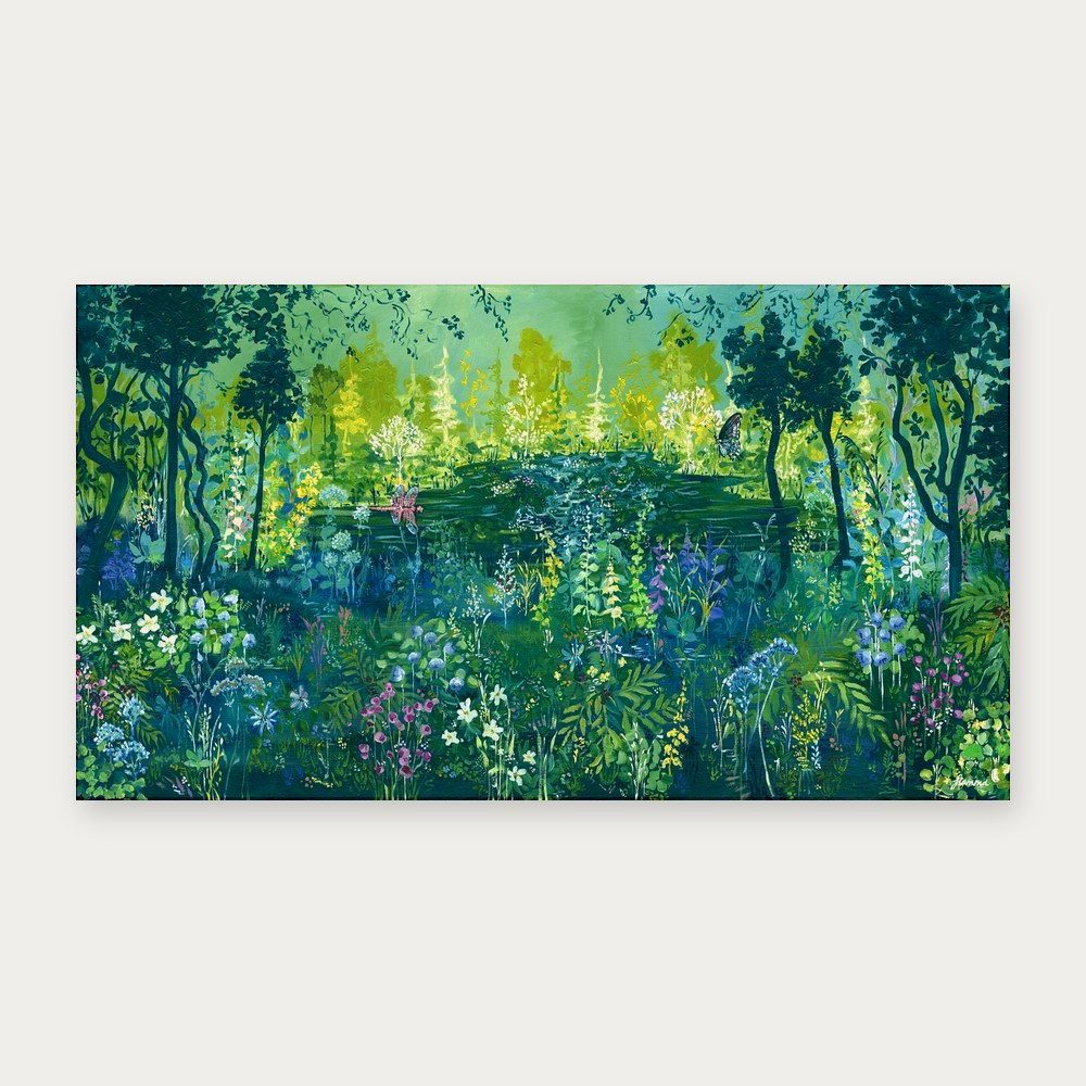 The whole of The Forest of Dreams, a woodland pond surrounded by trees and wildflowers