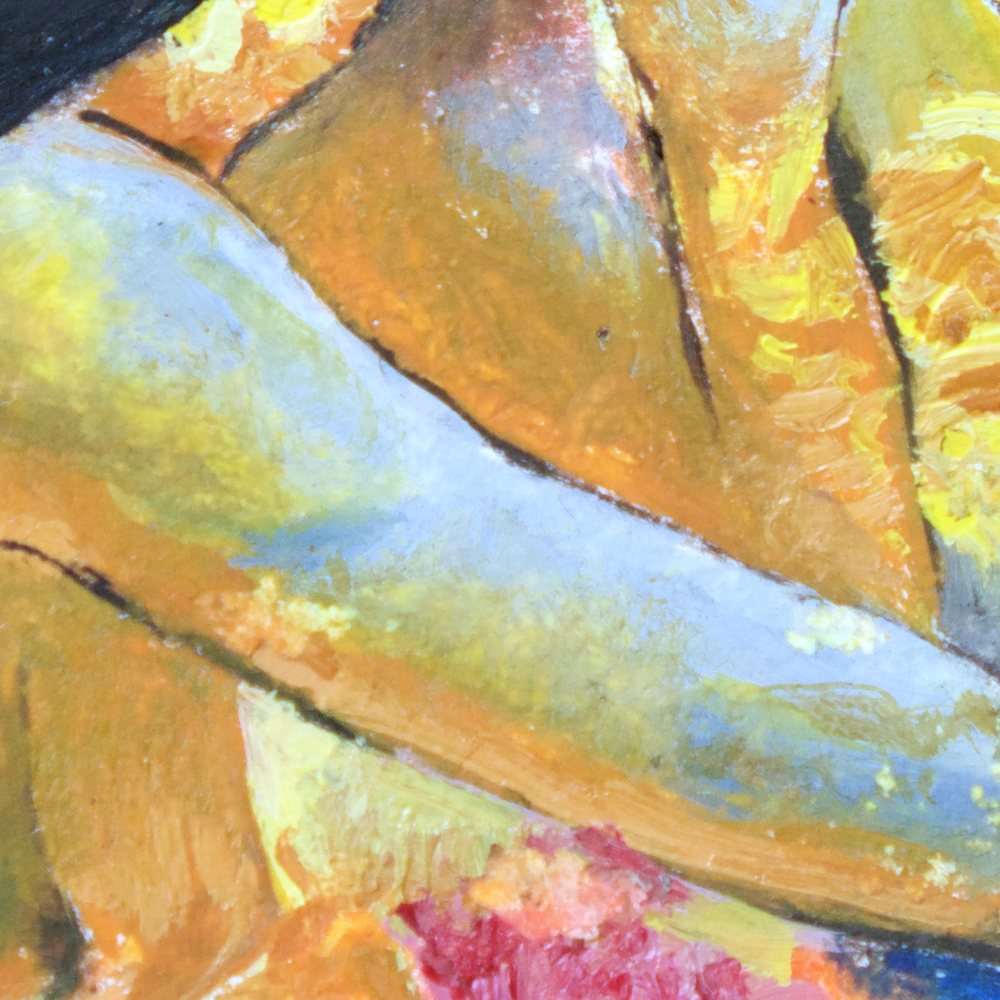 Close-up of her golden arm and hand