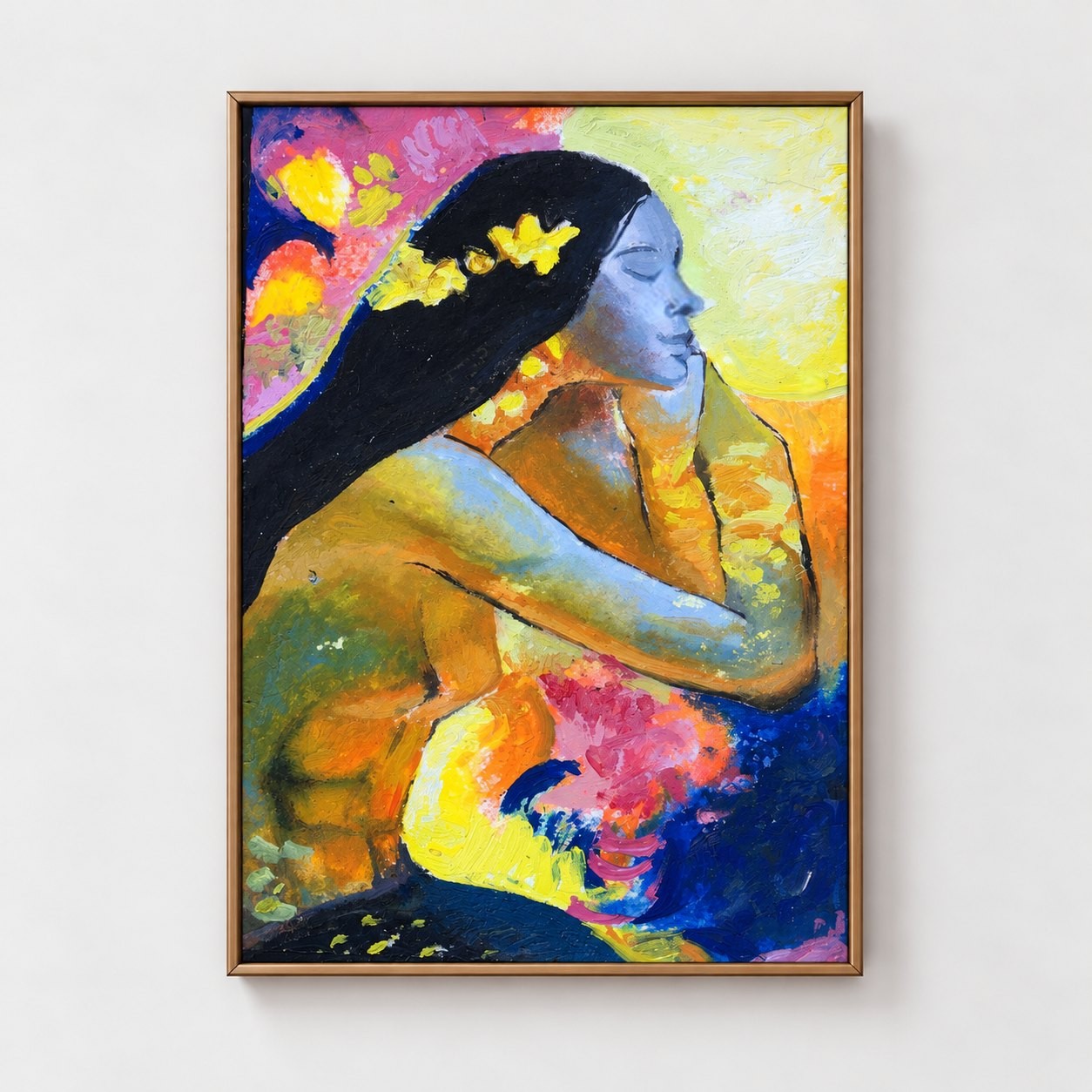 Golden Muse by Fiamma Franchetti Bond, framed and hung on a pale wall