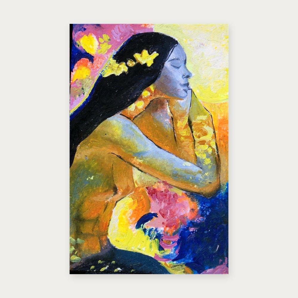The whole of Golden Muse: a woman with long dark hair resting her head on her hand among bright yellows, pinks and blues