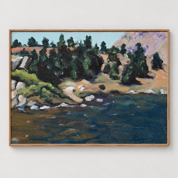 Painting of a rocky, tree-lined shoreline beside still water
