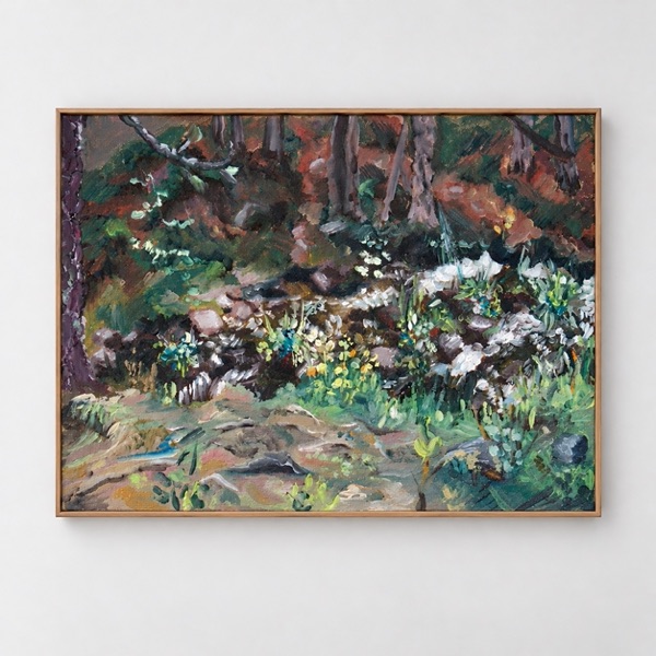 Painting of a woodland forest floor with wildflowers and undergrowth