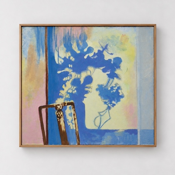 Painting of a purple floral shadow cast across a pale yellow wall