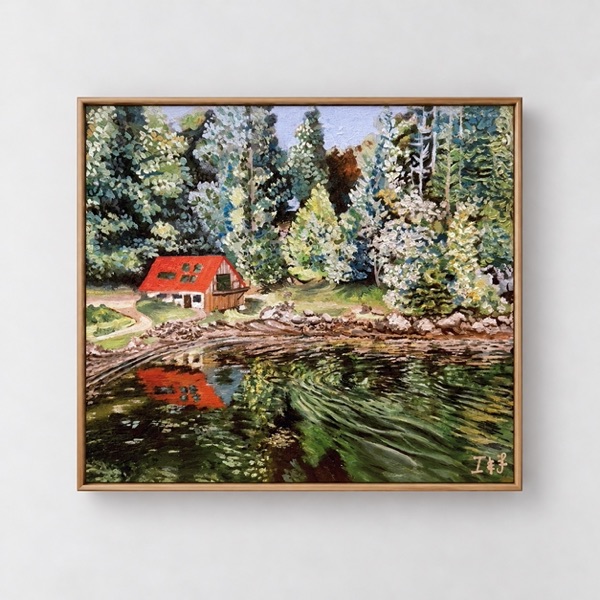 Painting of a red-roofed boat house by a lake, surrounded by trees