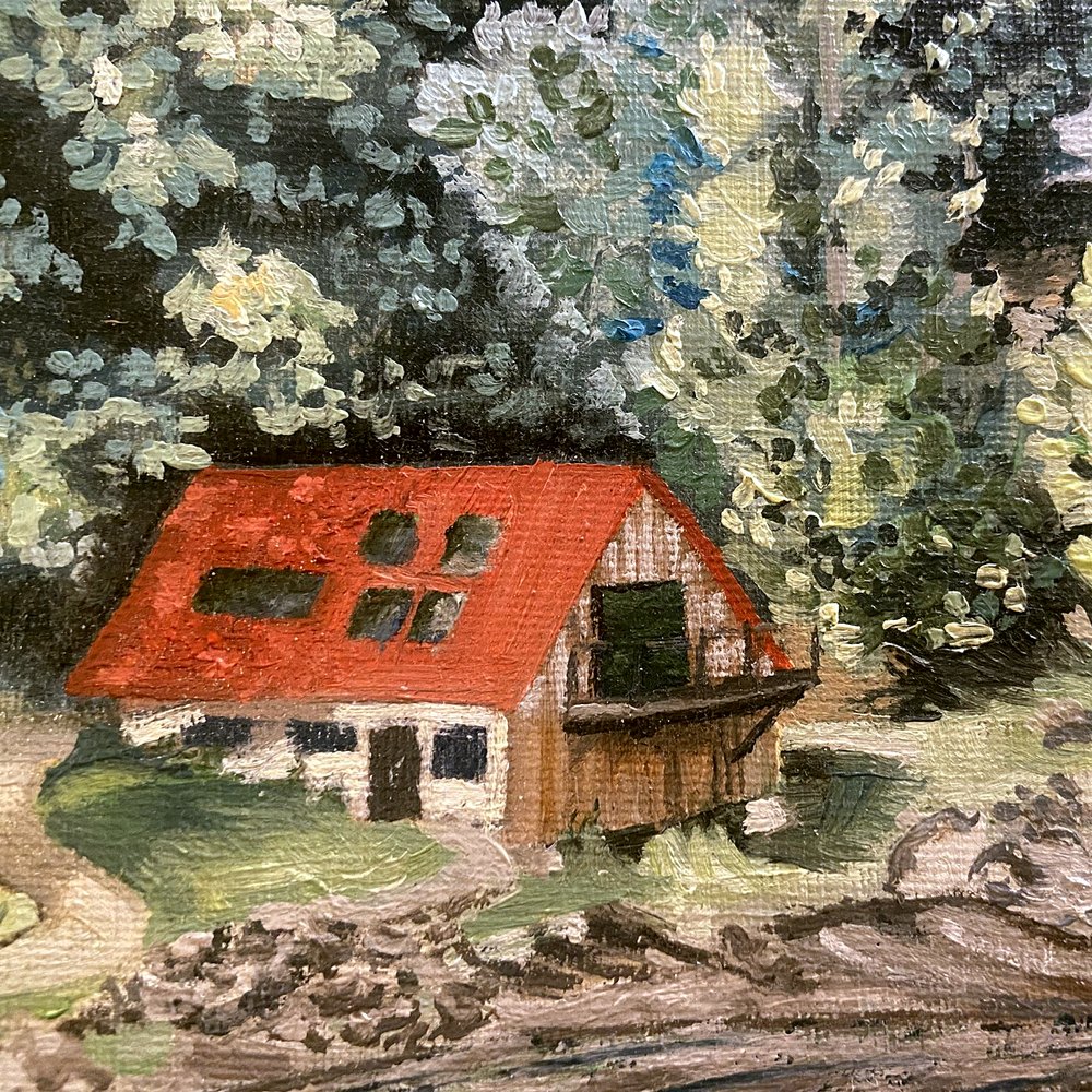 Close-up of the red-roofed boat house among the trees, its thick brushstrokes visible
