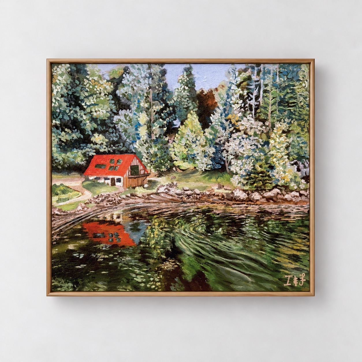 The Boat House by Fiamma Franchetti Bond, framed and hung on a pale wall