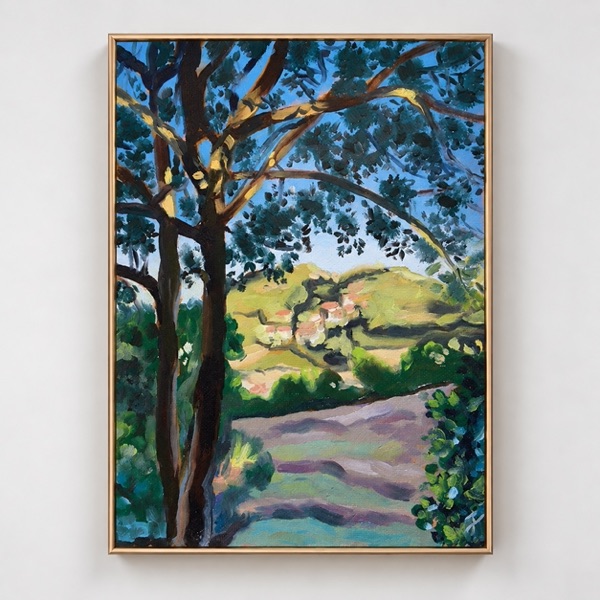 Painting of a sunlit valley view framed by tree branches
