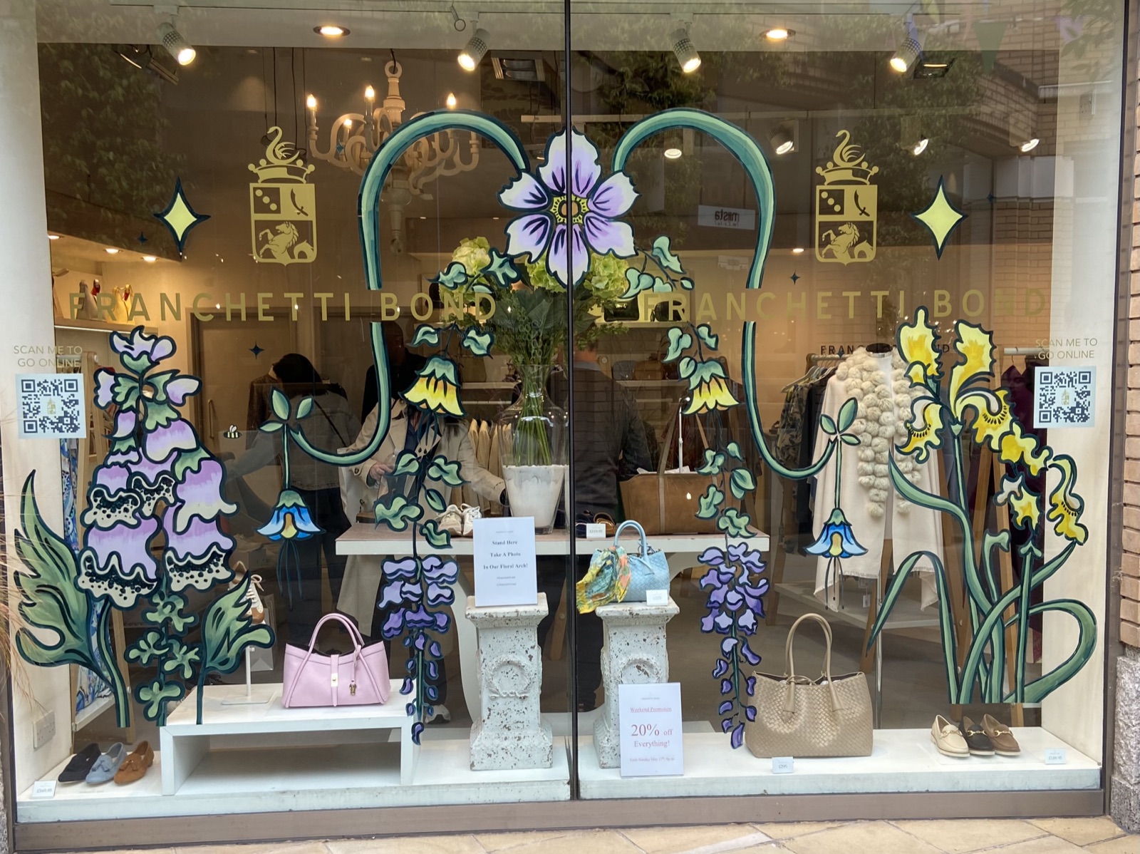 The whole Window Mural seen from the street, with the shop display behind the glass