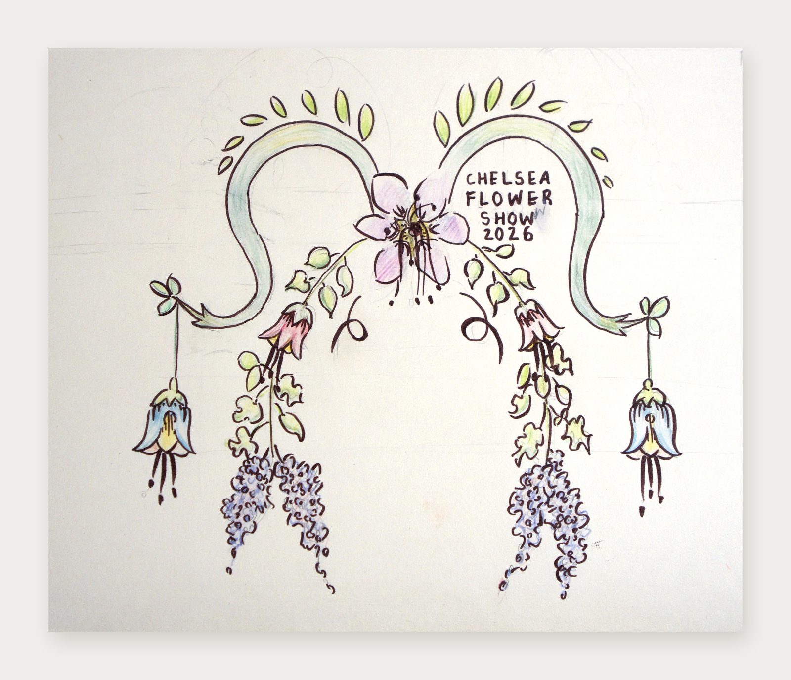 Early design for the floral arch, with Chelsea Flower Show 2026 lettered inside it and bellflowers and wisteria hanging from each side