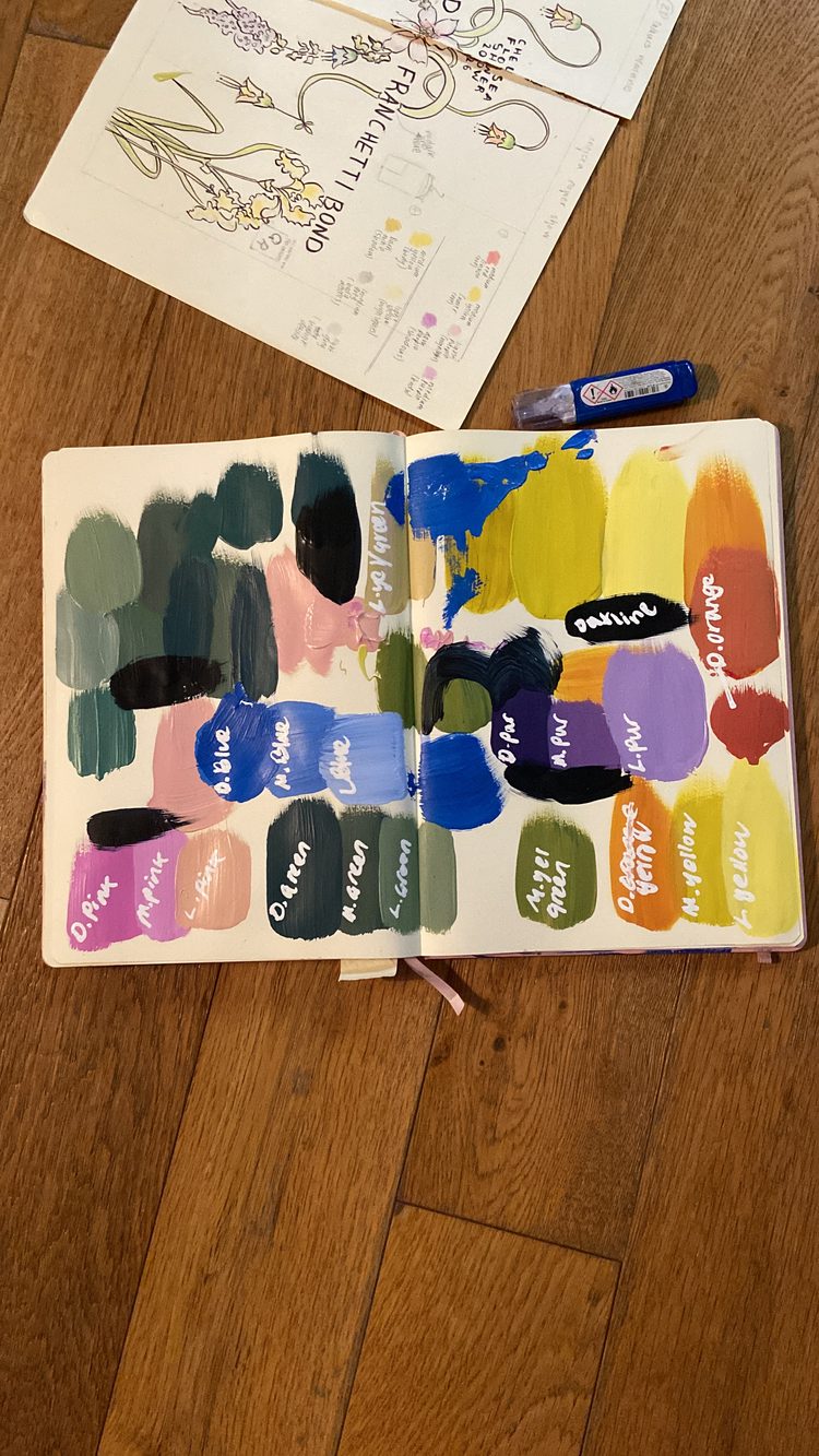 Sketchbook page of painted colour swatches, each one labelled, beside the window sketch