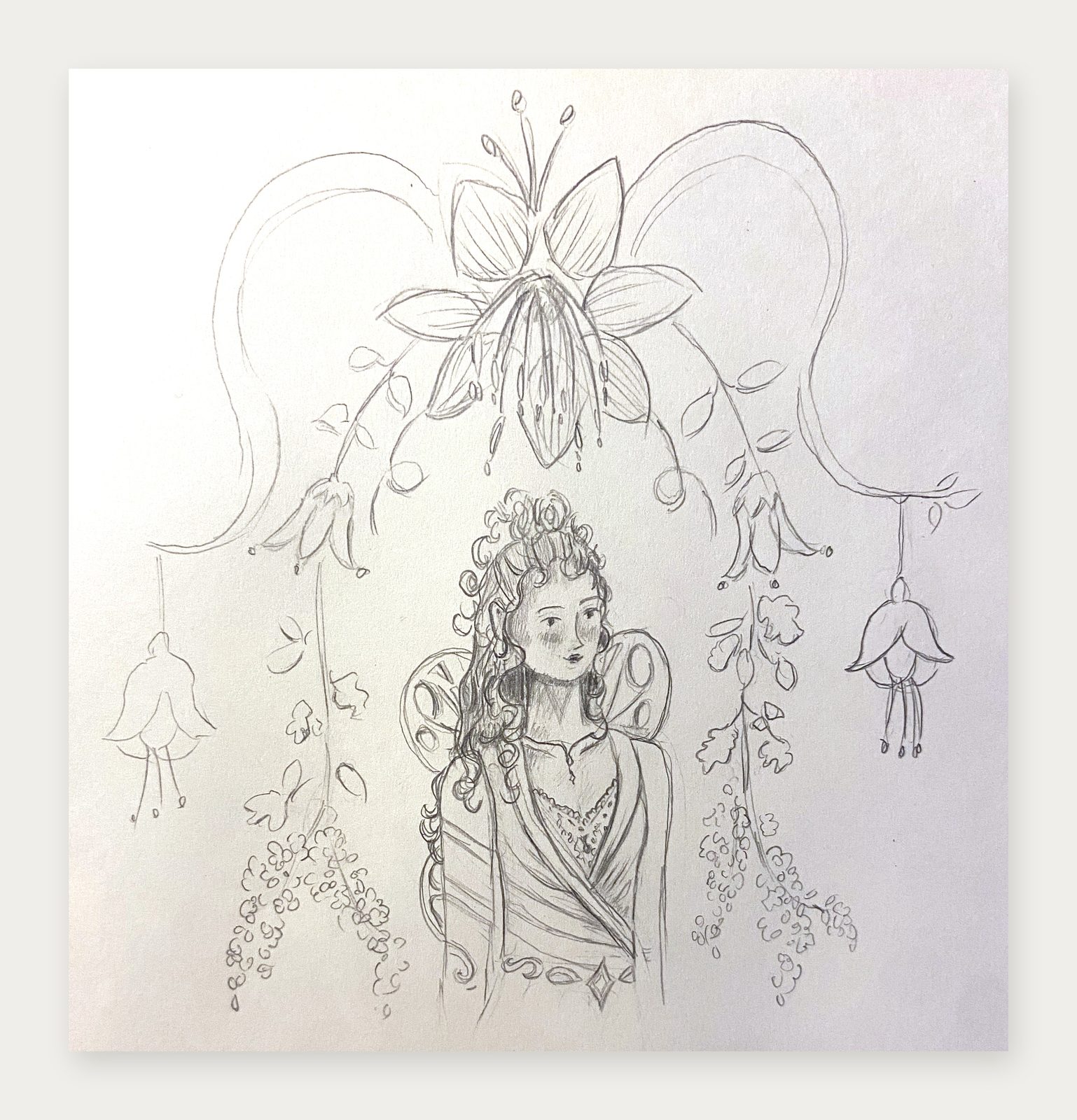 Pencil sketch of a fairy framed by a floral arch, with bellflowers and wisteria hanging down either side