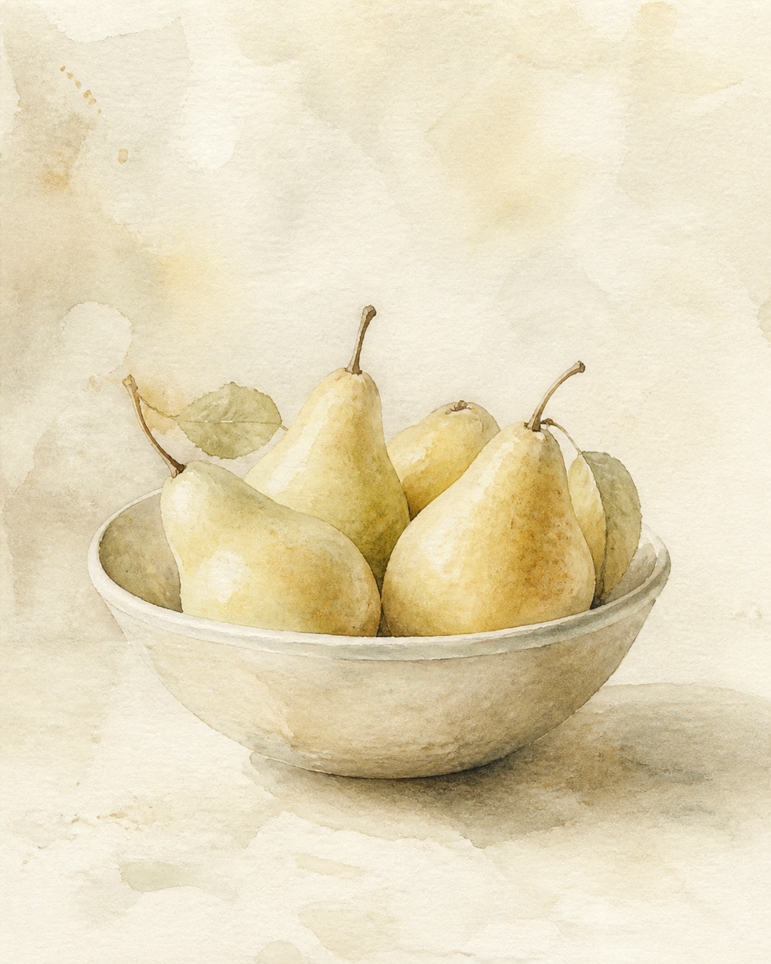Watercolour still life of pears in a ceramic bowl